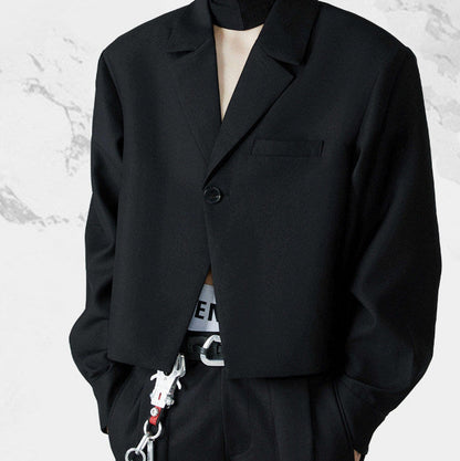 FRKM SCD SS Cropped Blazer Loose Padded Shoulders Black Suit - BRENDA.