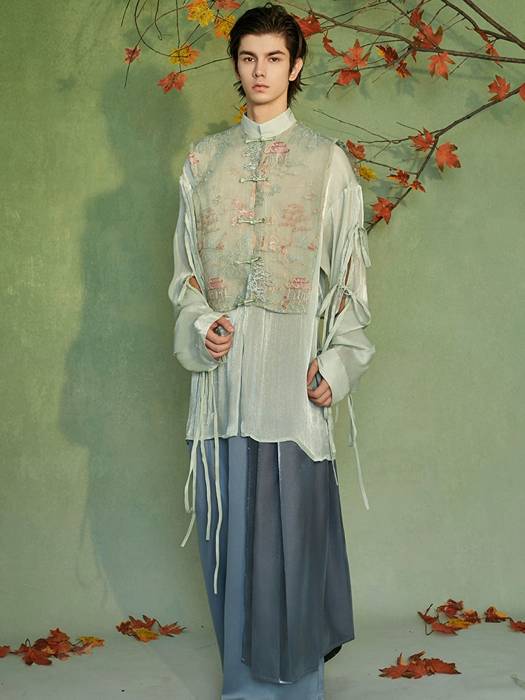JIECHI  loose emerald green embroidered long-sleeved shirt - UMBER.