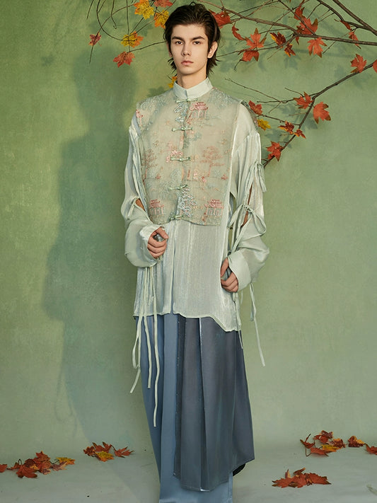 JIECHI  loose emerald green embroidered long-sleeved shirt - UMBER.