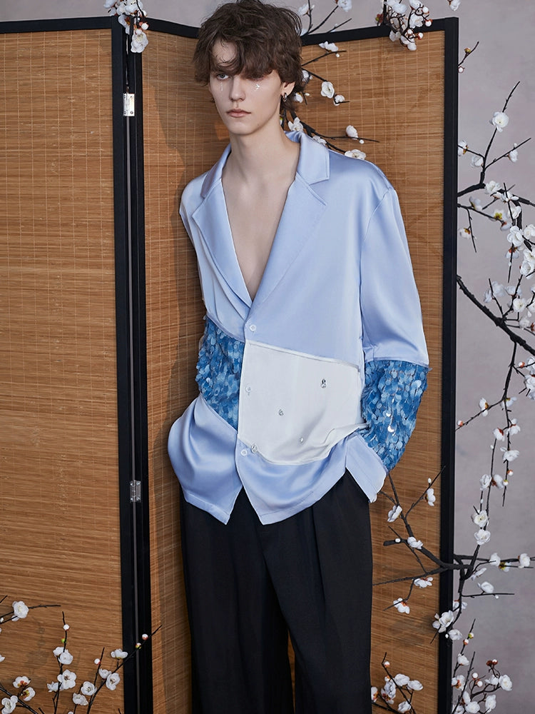 JIECHI  blue stitching satin long-sleeved shirt - JEAN.
