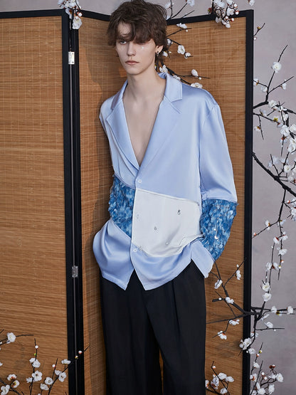 JIECHI  blue stitching satin long-sleeved shirt - JEAN.