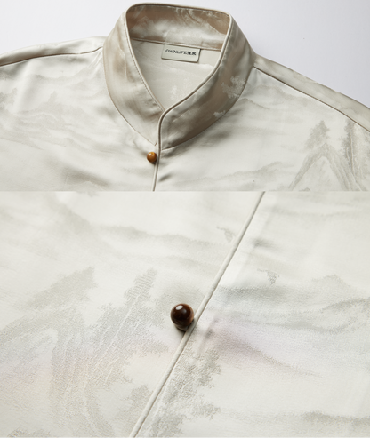 OWNLIFE jacquard stand-up collar placket natural jade buckle shirt - DAVID.