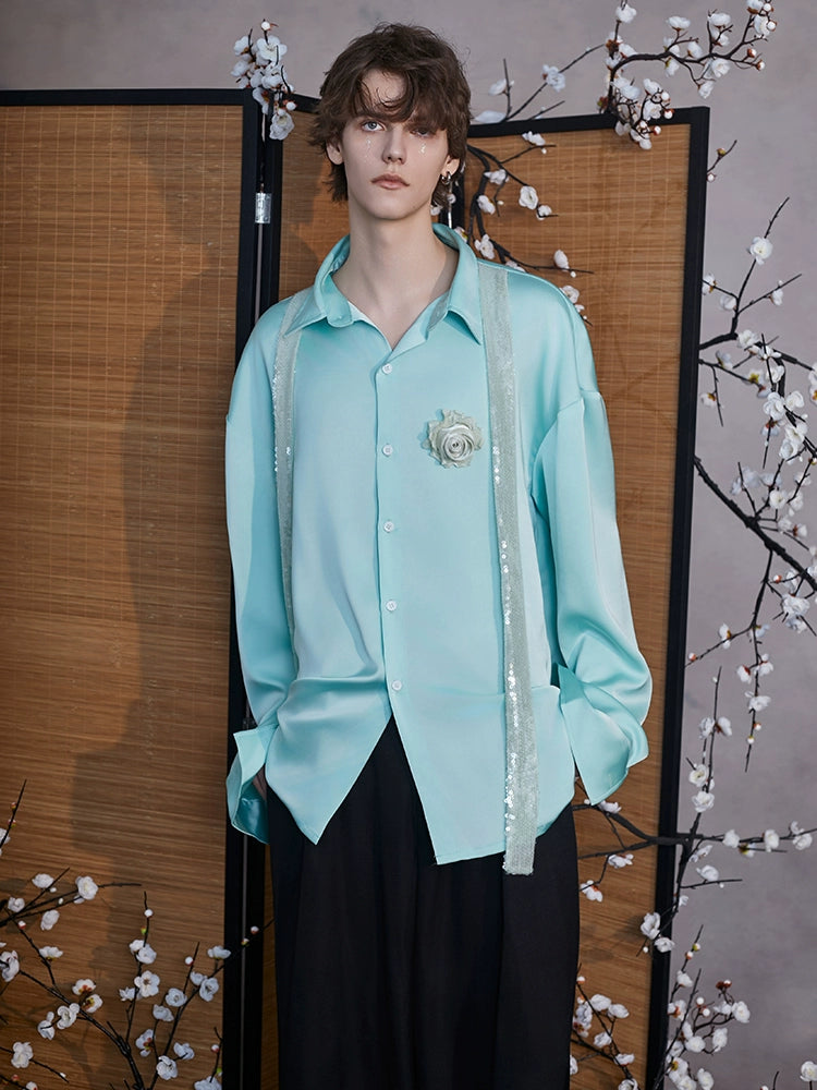 JIECHI  blue high-end loose long-sleeved satin unisex shirt - KELAN.