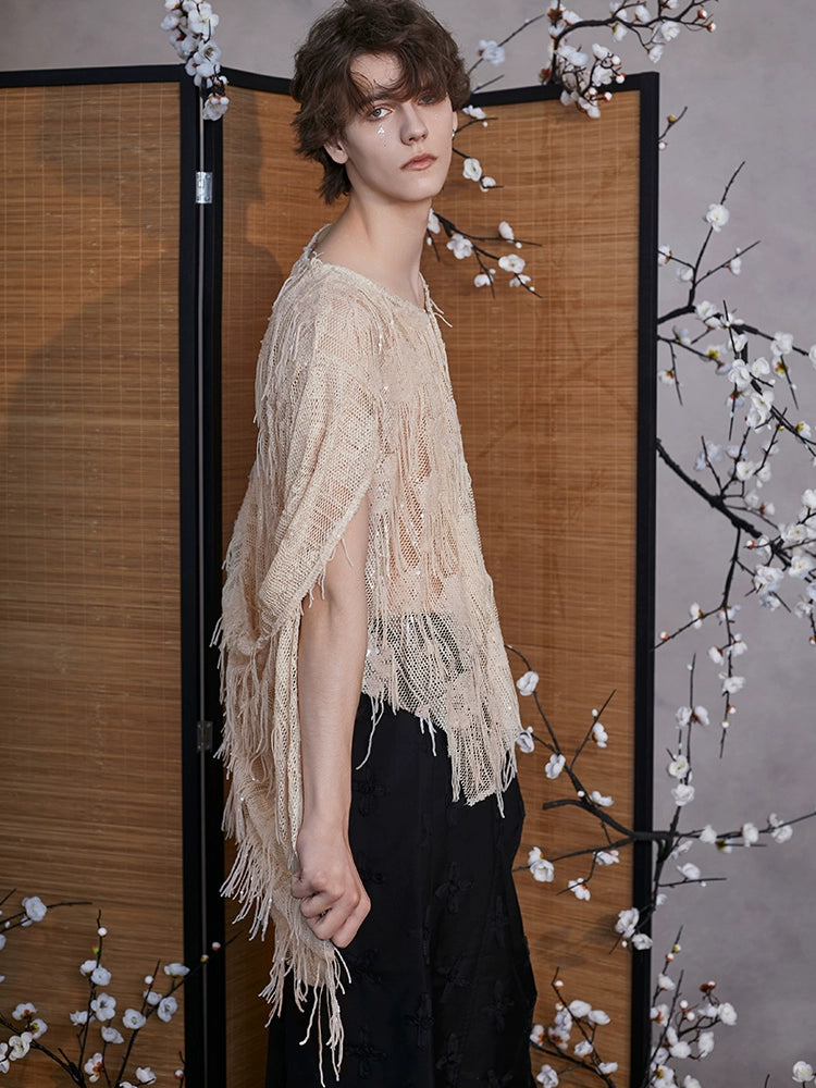 JIECHI  short-sleeved fringe hooded embellished top - PAISLEY.