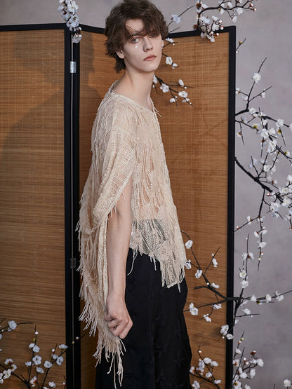 JIECHI  short-sleeved fringe hooded embellished top - PAISLEY.