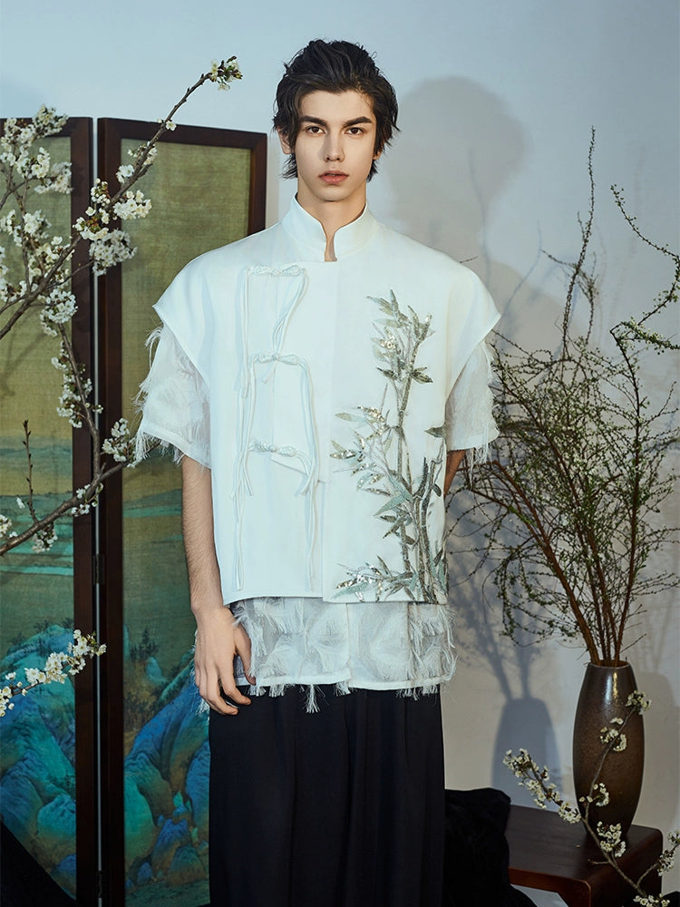 JIECHI  short-sleeved men's orchid embroidery stand-up collar top - JAYLOR.