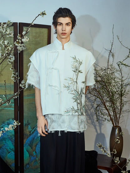 JIECHI  short-sleeved men's orchid embroidery stand-up collar top - JAYLOR.