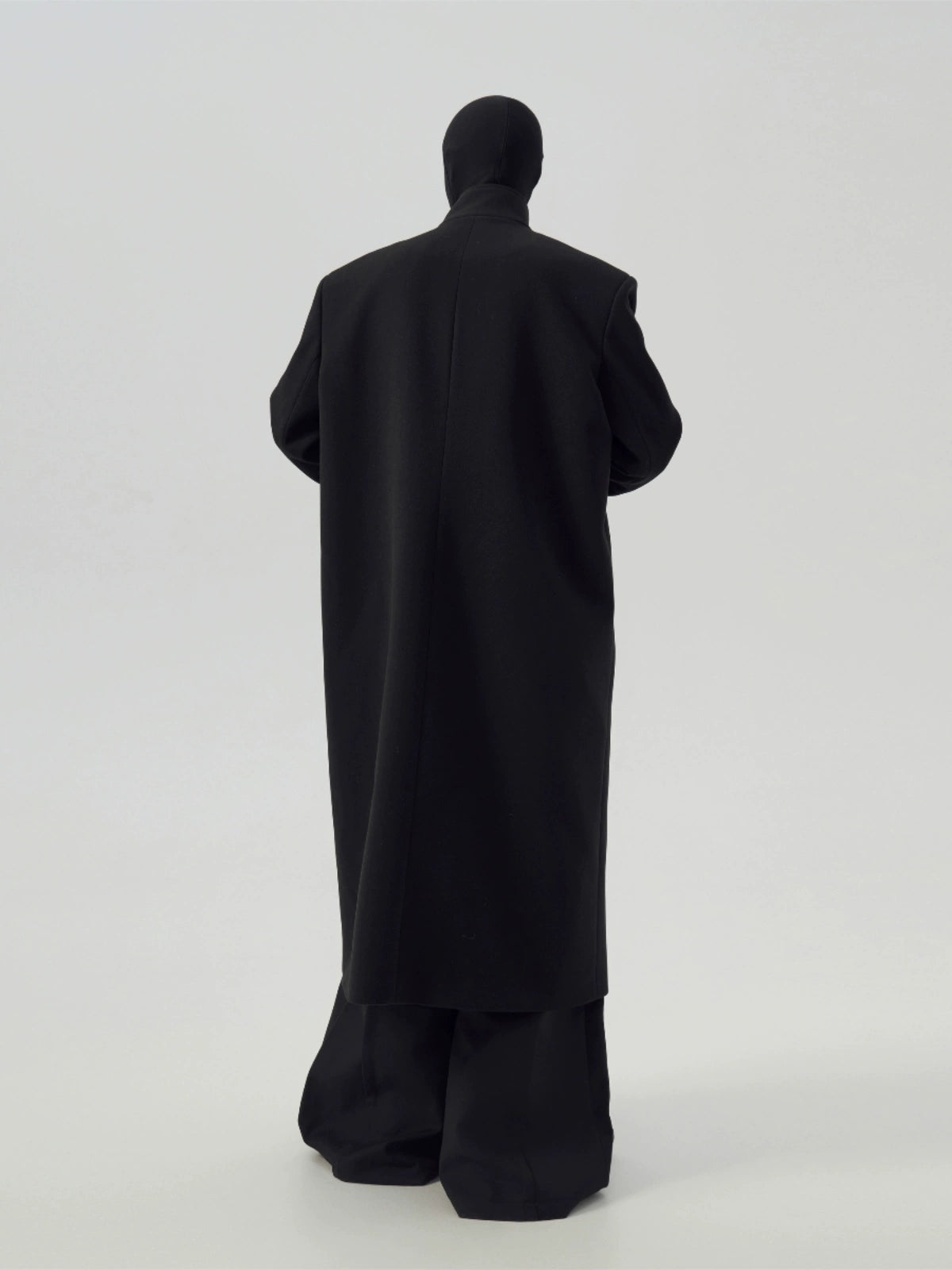 FRKM SCD Stand Collar Black Tweed Padded Shoulder Trench Coat - WARNER.
