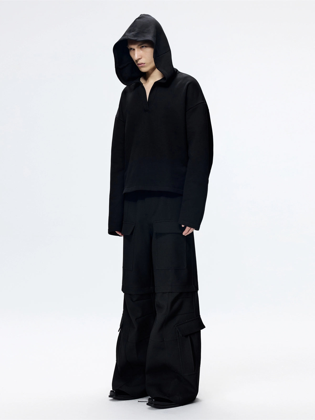 FRKM SCD 25AW  loose V-neck Large hood cropped black cardigan - PETER.