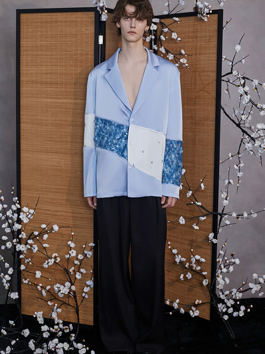 JIECHI  blue stitching satin long-sleeved shirt - JEAN.