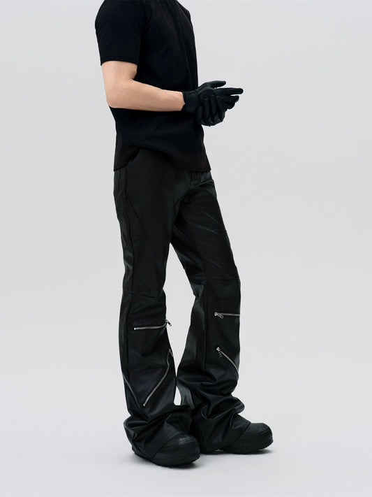 FRKM SCD Deconstructed Panelled Waxed Coated Bootcut Pants- VICK.