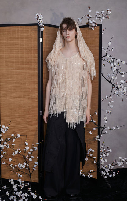 JIECHI  short-sleeved fringe hooded embellished top - PAISLEY.