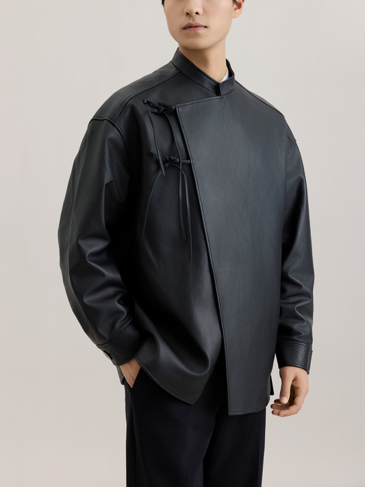 OWNLIFE Stand Collar Sling Loose Jacket Sheepskin Leather - PAT