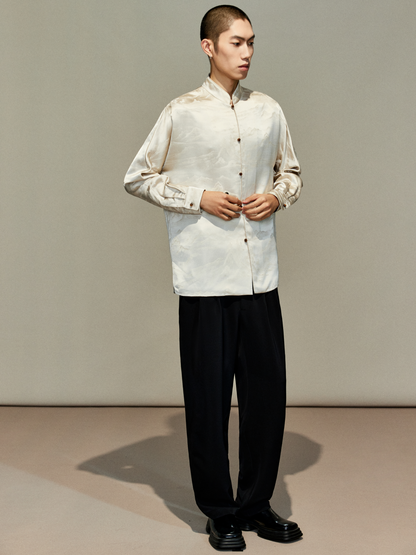 OWNLIFE jacquard stand-up collar placket natural jade buckle shirt - DAVID.