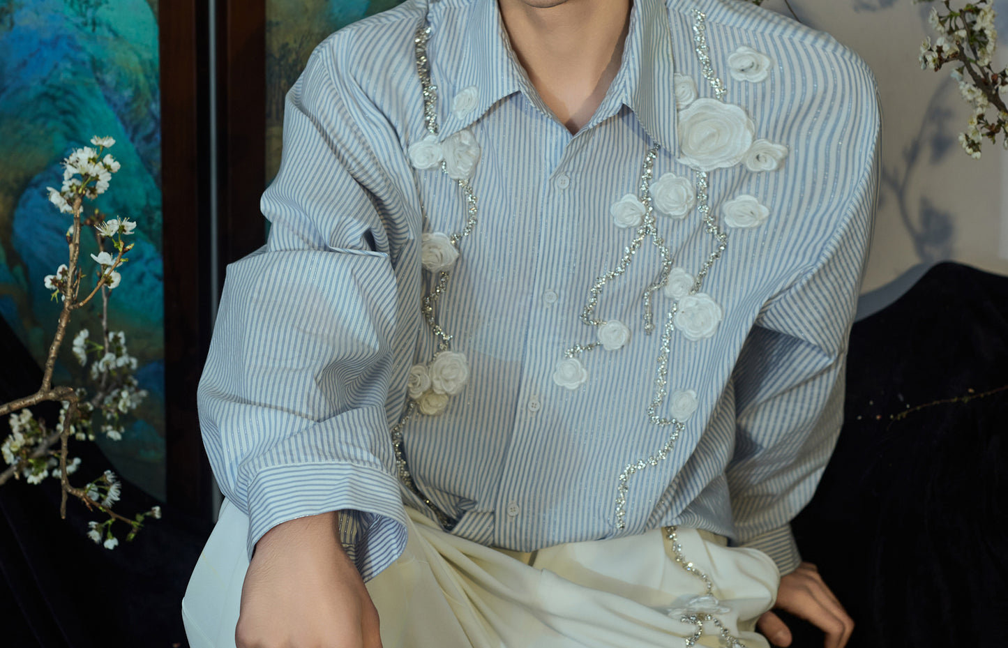 JIECHI loose striped men's long sleeve appliqué shirt - NIRVANA.