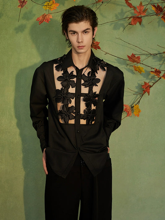 JIECHI hollow casual loose black long-sleeved shirt - ZION.