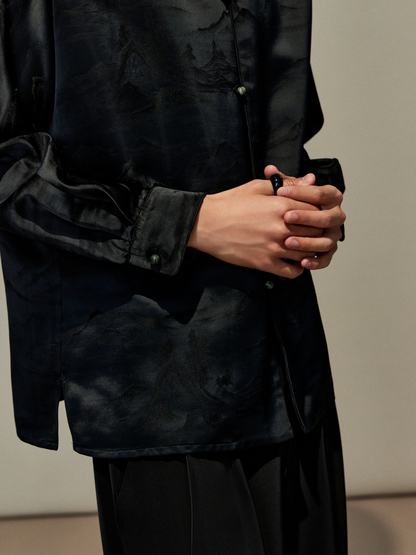 OWNLIFE jacquard stand-up collar placket natural jade buckle shirt - DAVID.