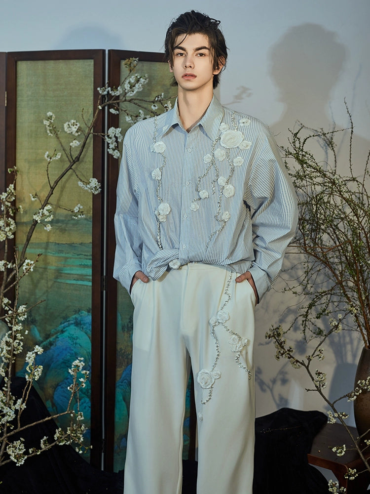 JIECHI loose striped men's long sleeve appliqué shirt - NIRVANA.