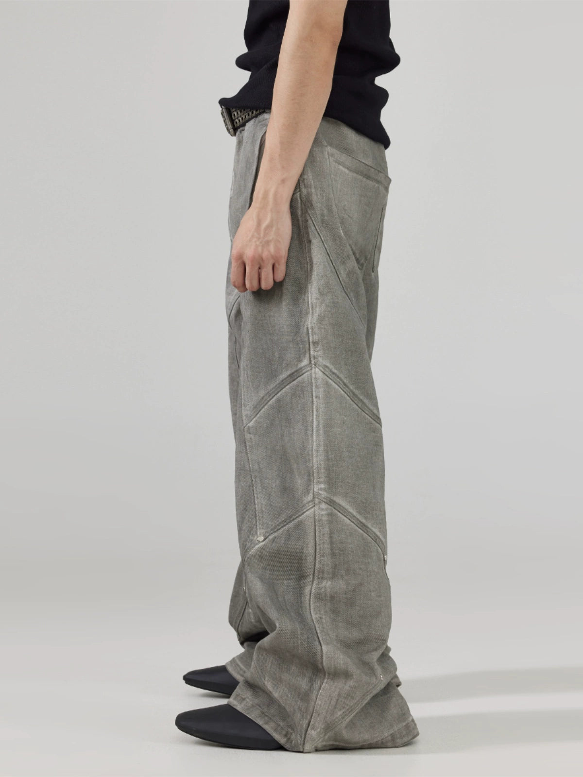 FRKM SCD Dirty Wash Distressed Jeans Wide Leg Studded Pants - GARDEN.