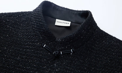 OWNLIFE wool tweed Tang black stand-up collar buckle jacket  - DREW.