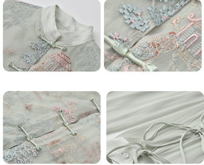 JIECHI  loose emerald green embroidered long-sleeved shirt - UMBER.