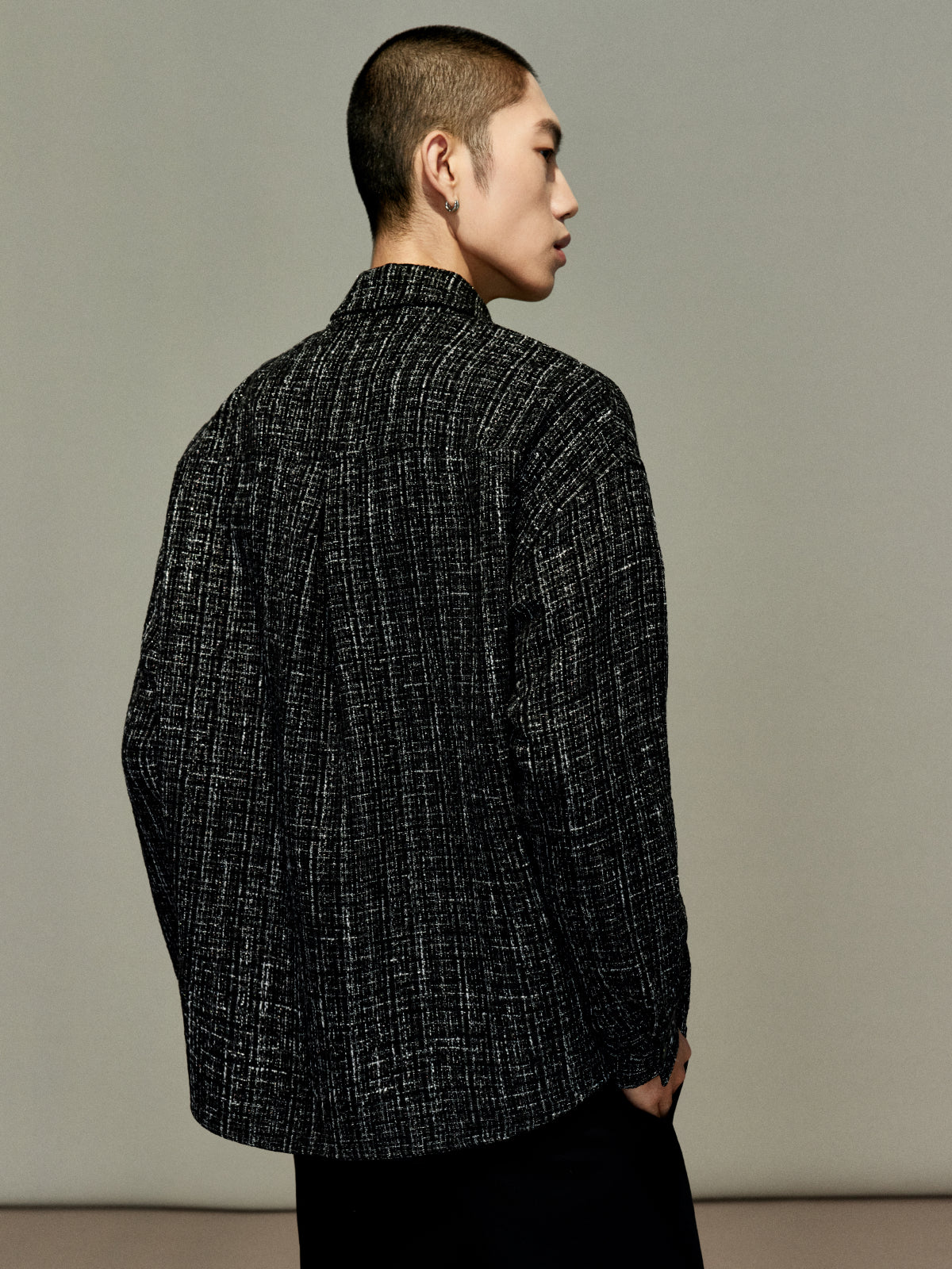 OWNLIFE flowing streamer tweed stand-up collar slinger shirt - SEREPH.