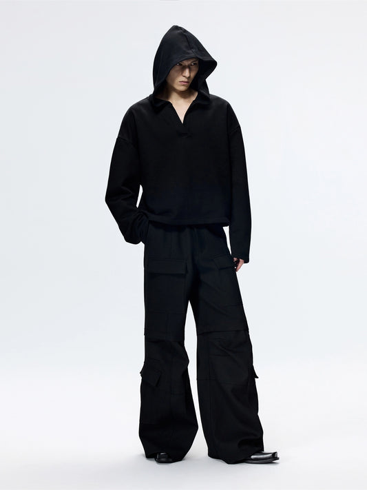 FRKM SCD 25AW  loose V-neck Large hood cropped black cardigan - PETER.