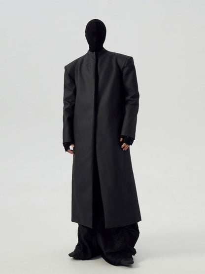 FRKM SCD Matte Coated Black Padded Shoulders Long Trench Coat - YASH.