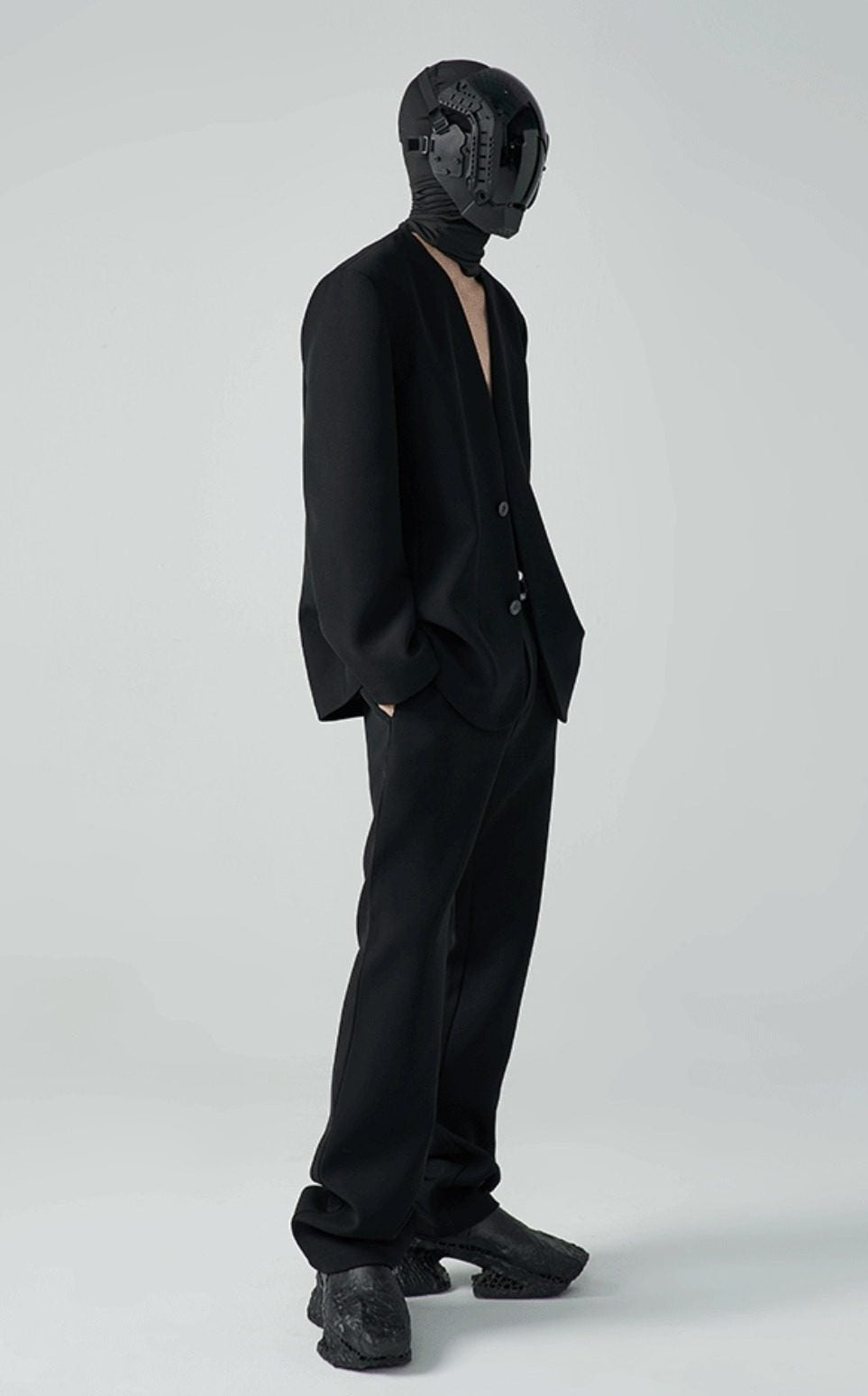 FRKM SC SS Casual Padded Shoulders Collarless Loose Double Button Suit - UNIQUE.