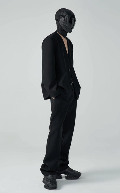 FRKM SC SS Casual Padded Shoulders Collarless Loose Double Button Suit - UNIQUE.