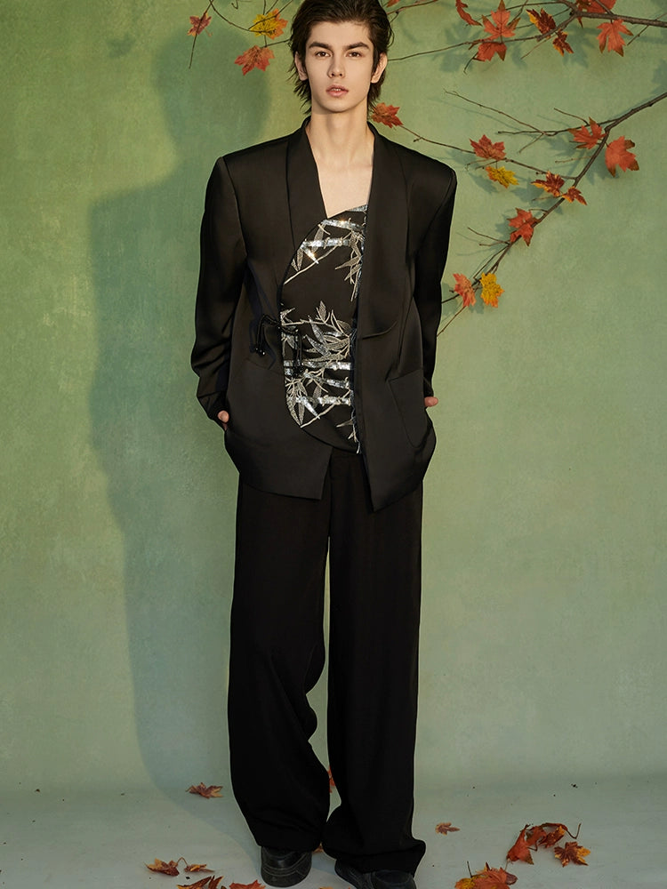 JIECHI embroidered irregular bias cut black blazer - PROSPER.