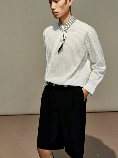 OWNLIFE Tencel striped stand-up collar placket shirt - TREY.
