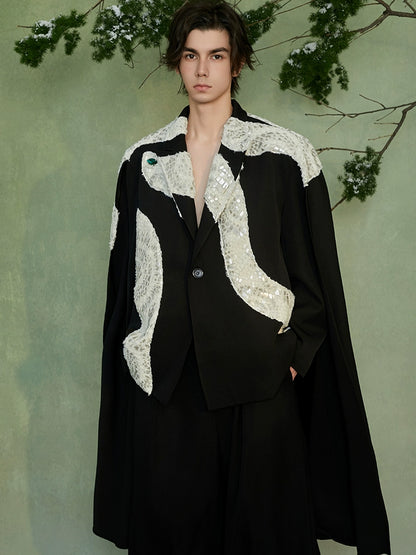 JIECHI  Black Cape Abstract Pattern Blazer - LYON.