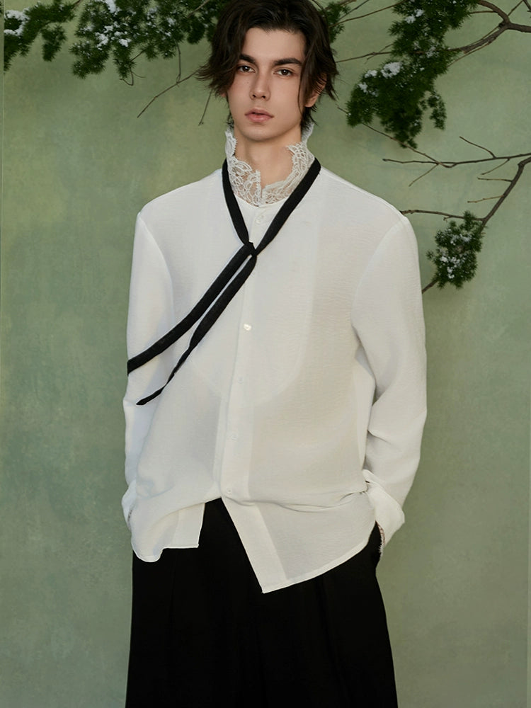 JIECHI White Lace Stand-Up Collar Long Sleeve Unisex Shirt - HEX.