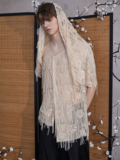 JIECHI  short-sleeved fringe hooded embellished top - PAISLEY.
