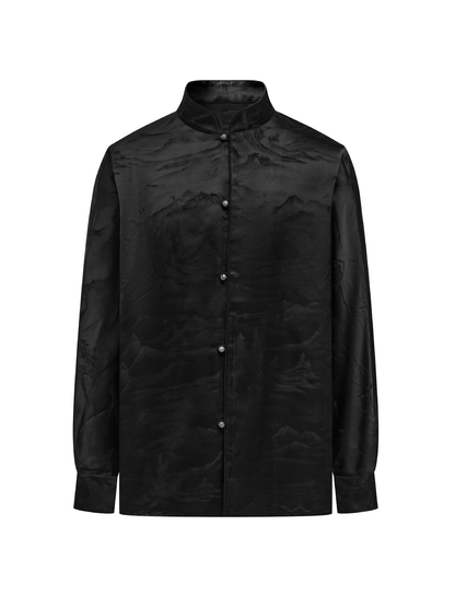 OWNLIFE jacquard stand-up collar placket natural jade buckle shirt - DAVID.
