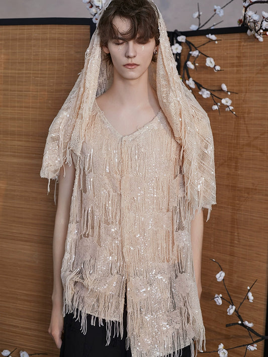 JIECHI  short-sleeved fringe hooded embellished top - PAISLEY.