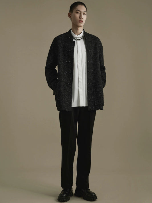 OWNLIFE wool tweed Tang black stand-up collar buckle jacket  - DREW.