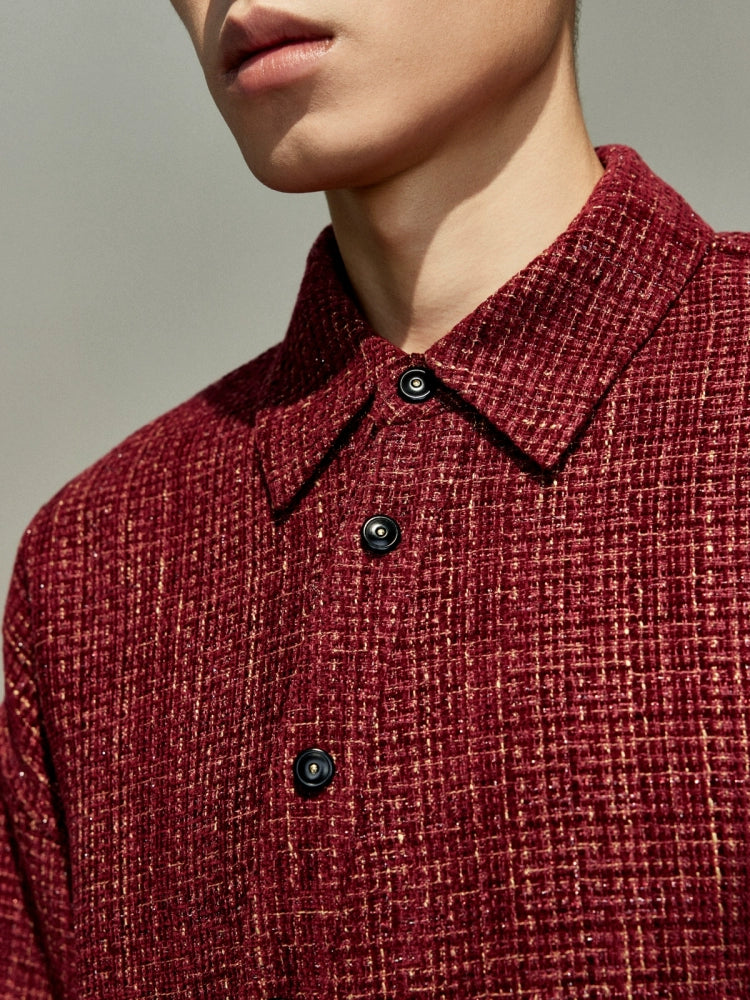 OWNLIFE flowing streamer tweed stand-up collar slinger shirt - SEREPH.