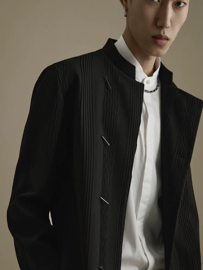 OWNLIFE stand collar placket stripes pressed pleats jacket- JONAH.