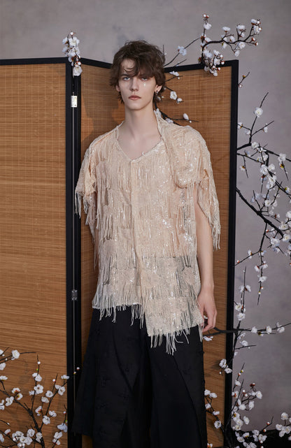 JIECHI  short-sleeved fringe hooded embellished top - PAISLEY.