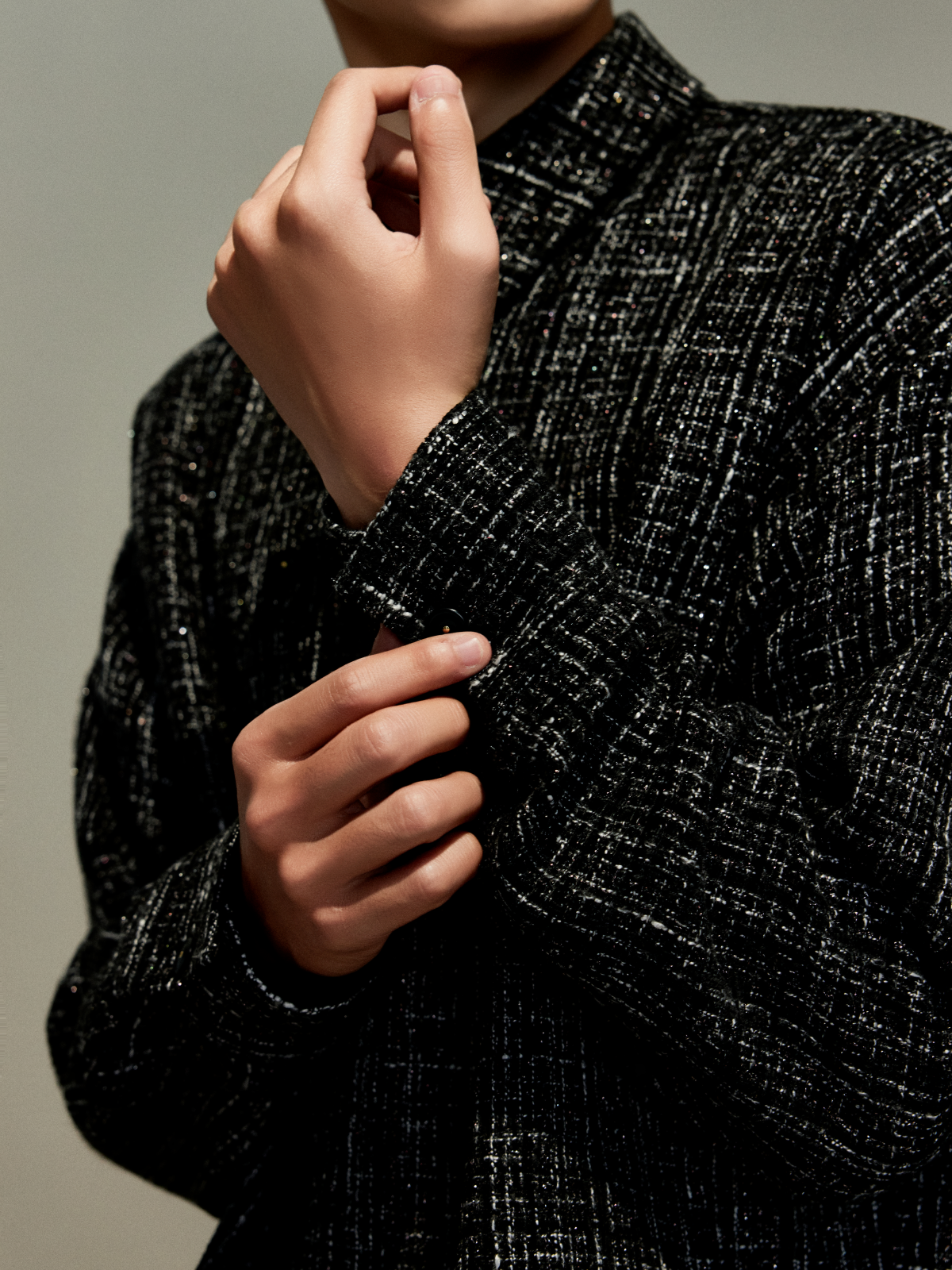 OWNLIFE flowing streamer tweed stand-up collar slinger shirt - SEREPH.