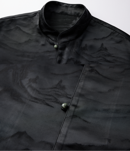 OWNLIFE jacquard stand-up collar placket natural jade buckle shirt - DAVID.