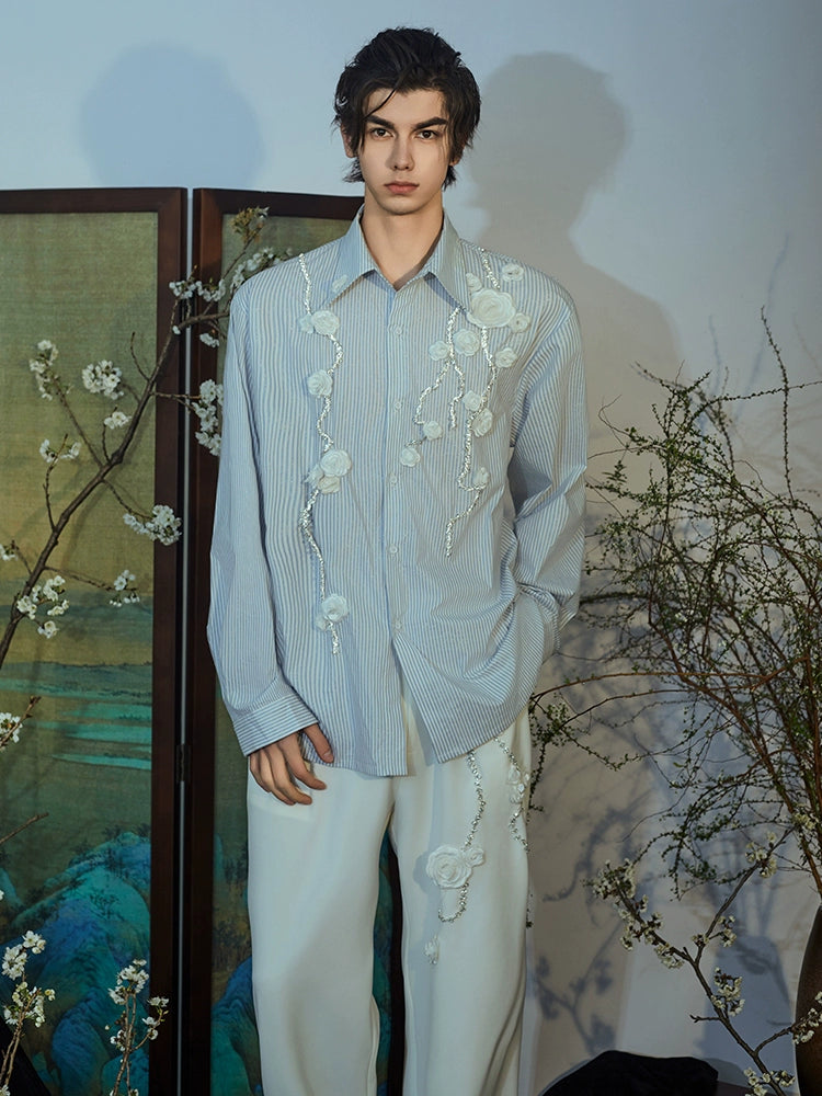 JIECHI loose striped men's long sleeve appliqué shirt - NIRVANA.
