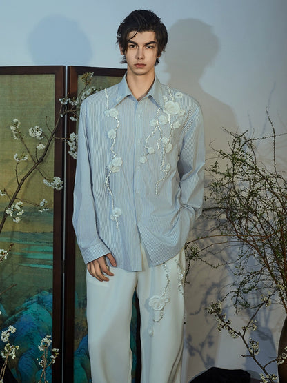 JIECHI loose striped men's long sleeve appliqué shirt - NIRVANA.