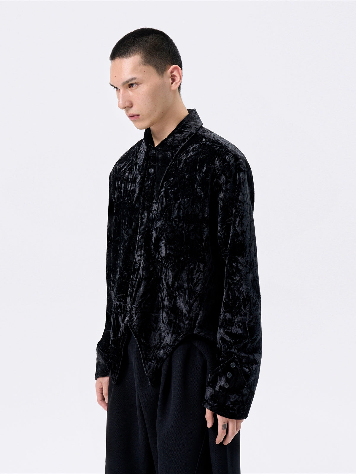FRKM SCD Corrugated Glossy Velor Dovetail Hem Cropped Shirt Jacket -FEIST.