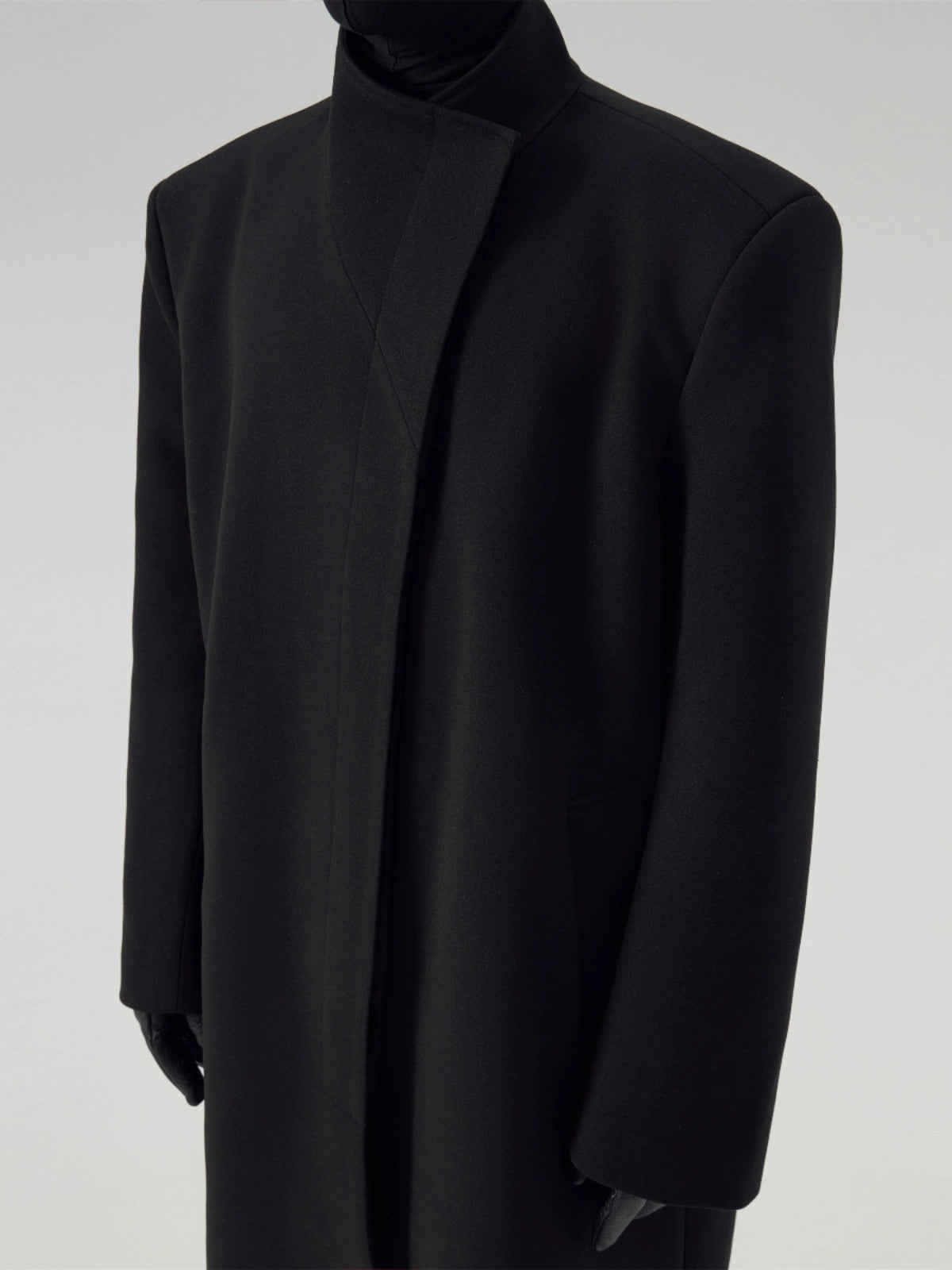 FRKM SCD Stand Collar Black Tweed Padded Shoulder Trench Coat - WARNER.