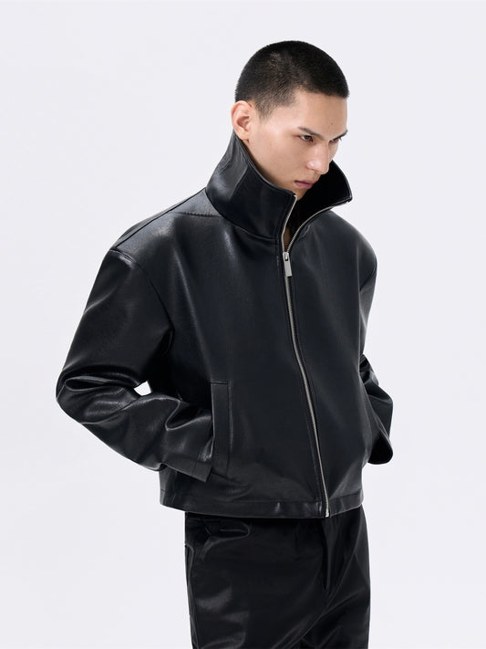 FRKM SCD Short Biker Stand Collar Inverted Triangle Leather Jacket - DRAKEN.