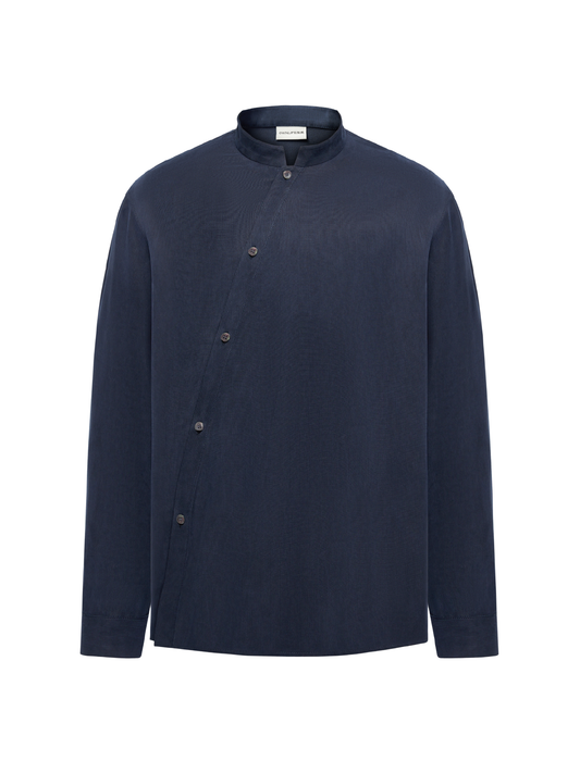 OWNLIFE  navy blue stand-up collar pinstripe cotton shirt - MIKEY.