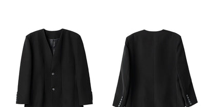 FRKM SC SS Casual Padded Shoulders Collarless Loose Double Button Suit - UNIQUE.